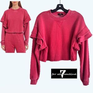 7 FOR ALL MANKIND NEW RED BERRY Ruffled Drop Shoulders Cropped Sweatshirt